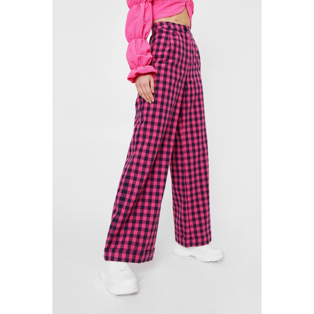 Nasty Gal Pink Black Gingham Wide Leg Pants